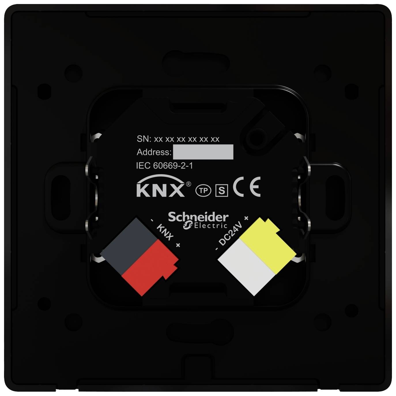 Schwarzer quadratischer KNX-Schalter von Schneider Electric, zeigt Seriennummer, IEC 60669-2-1, rote, weiße und gelbe gekennzeichnete Anschlüsse.