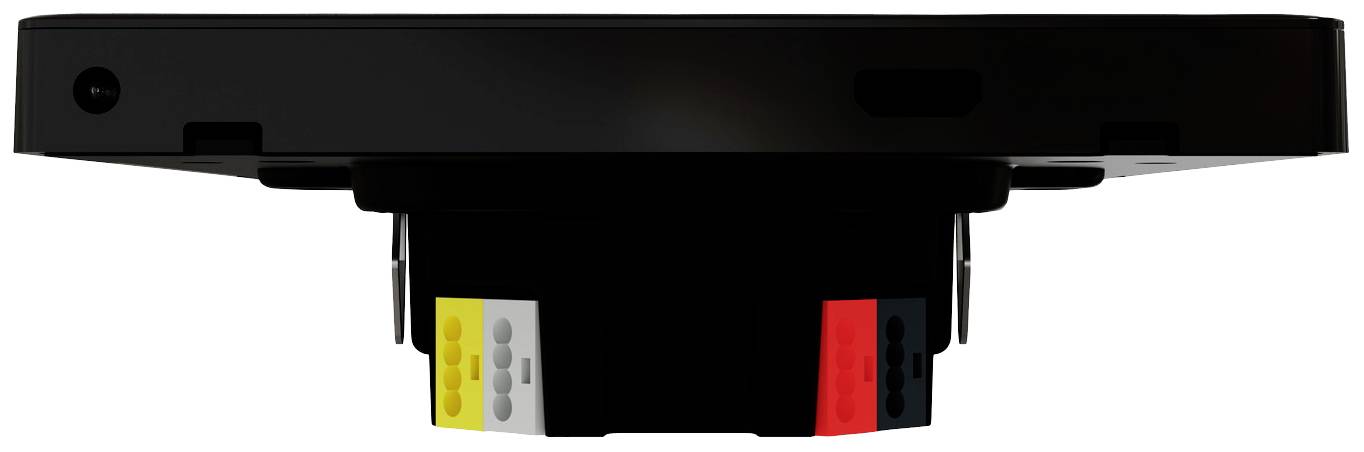 Schwarzer elektronischer Baustein von unten, erkennbar sind farbige Steckverbindungen in Gelb, Weiß, Rot und Schwarz.