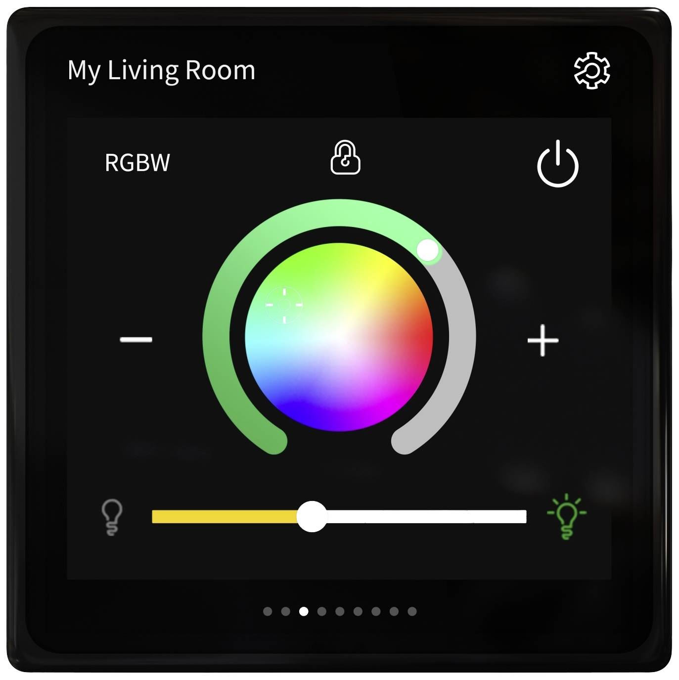 Intelligentes Steuerpanel mit Farbrad zur Lichteinstellung. Optionen zur Änderung von Helligkeit und Farbe im Wohnzimmer angezeigt.