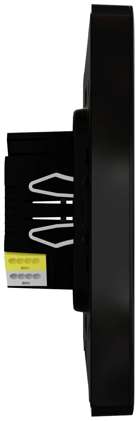 Seitliche Ansicht eines schwarzen elektronischen Geräts mit gelben und grauen Steckanschlüssen.