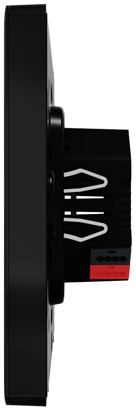 Seitenansicht eines schwarzen elektronischen Geräts mit Steckverbindungen und Kabelanschlüssen.