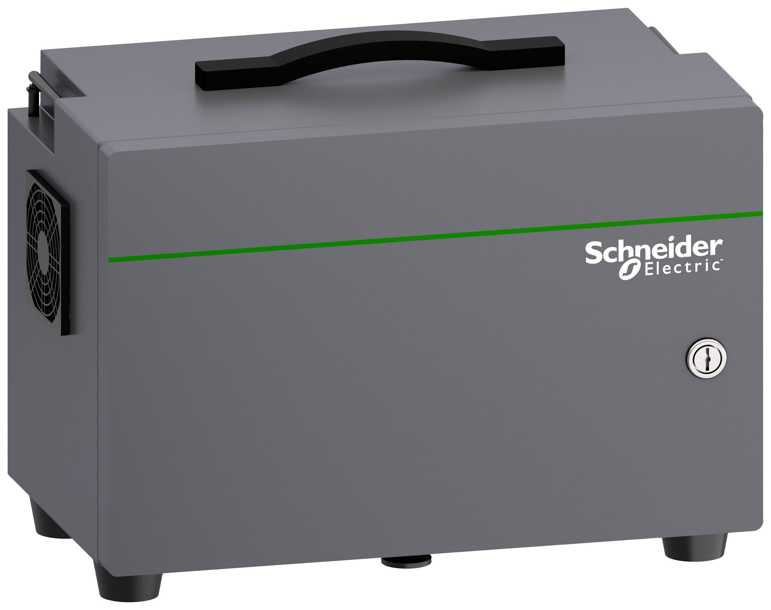 Ein tragbarer grauer Koffer von Schneider Electric mit Tragegriff und Schlosssymbol, geeignet für Transport und Aufbewahrung.
