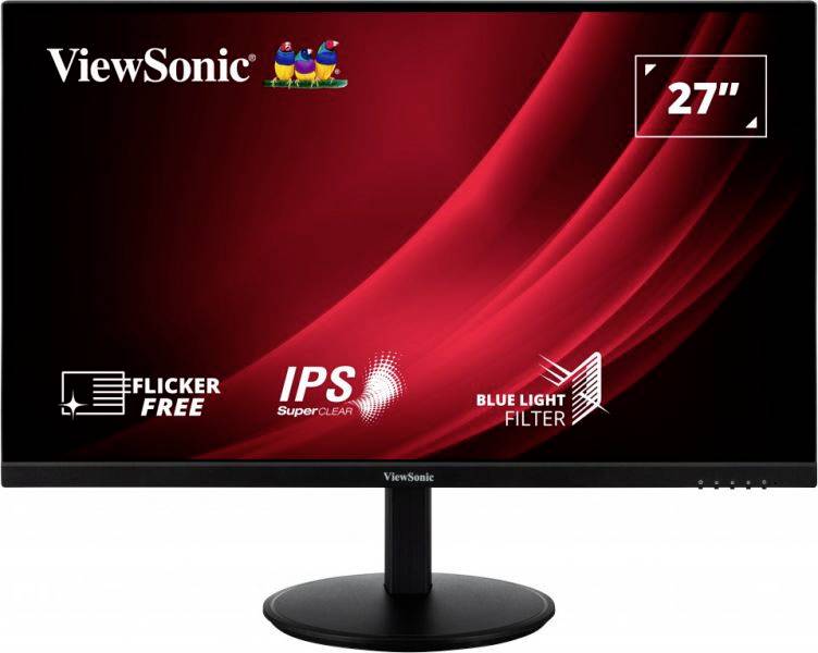 Ein 27-Zoll-Monitor von ViewSonic mit Funktionen wie flimmerfrei, IPS SuperClear-Technologie und Blaulichtfilter.