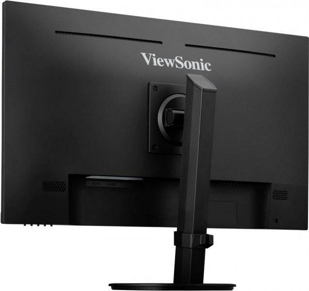 Rückansicht eines schwarzen Computerbildschirms der Marke ViewSonic, montiert auf einem höhenverstellbaren Standfuß.
