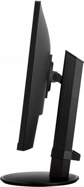 Seitliche Ansicht eines schwarzen Flachbildmonitors mit schlankem Standfuß, minimalistisch gestaltet für einen modernen Arbeitsplatz.