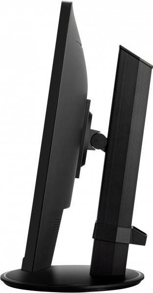 Ein seitlicher Blick auf einen Flachbildmonitor auf einem runden Standfuß, schwarz, mit leichtem Neigungswinkel nach hinten.