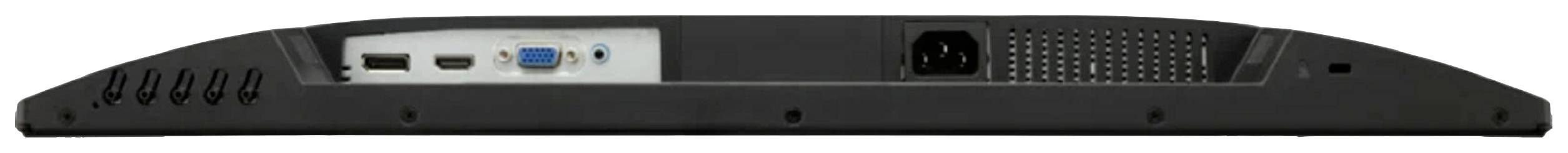 Die Unterseite eines Monitors mit verschiedenen Anschlüssen, darunter HDMI-, VGA- und Stromanschluss.