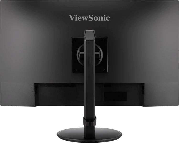 Rückseite eines ViewSonic-Monitors mit zentralem Standfuß, geeignet für moderne Büro- oder Heimarbeitsplätze.