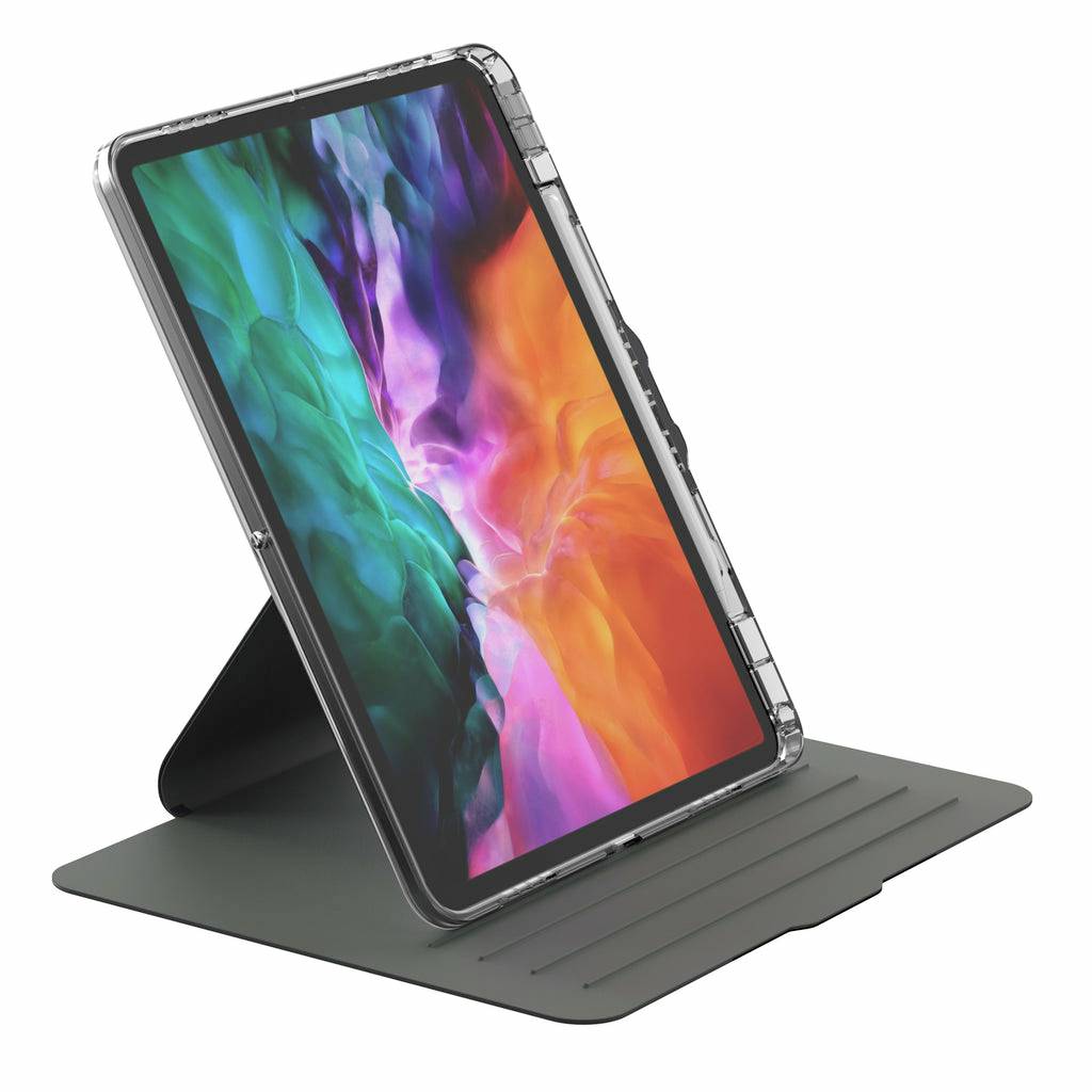 Ein Tablet in einem Ständer, schräg aufgestellt. Der Bildschirm zeigt ein buntes, abstraktes Muster.