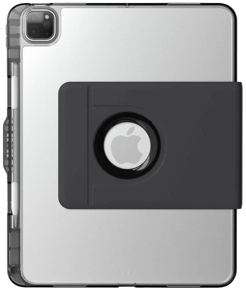 Tablet mit dunkler Schutzhülle, zeigt ein zentrales kreisförmiges Design mit Apfel-Logo. Hülle deckt die Rückseite teilweise ab.