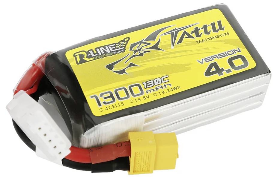 LiPo-Akku für Drohnen, 1300 mAh, 14,8 V, mit XT60-Stecker. Gelb-schwarzes Design mit Tattu-Logo, geeignet für RC-Modelle.
