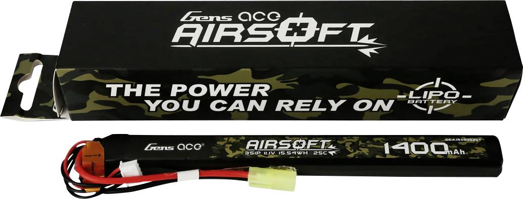 Lipo-Batterie Gens Ace Airsoft, 11,1V, 1400mAh, Verpackung und Batterie mit Tarnmuster-Design, Slogan: The power you can rely on.