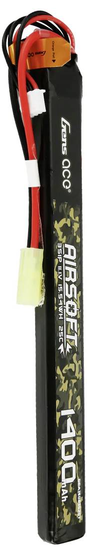 Lipo-Akku mit Tarnmuster, beschriftet 'Airsoft 11.1V 1200mAh'. Kabel und Stecker oben für Verbindung in elektronischen Geräten.