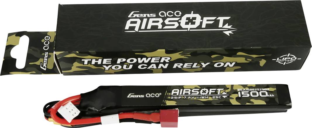 'Gens Ace Airsoft 1500mAh 11.1V 3S1P 20C' LiPo-Batterie und Verpackung mit Tarnmuster. Slogan: 'The Power You Can Rely On'.