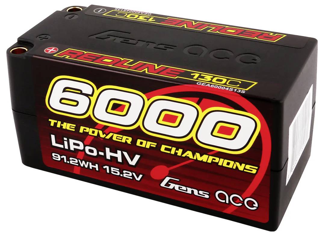 'LiPo-HV 6000' Akku von Gens Ace, 91,2WH, 15,2V, Modell 'Redline 130C'. Slogan: 'The Power of Champions'. Dynamosymbol im Hintergrund.