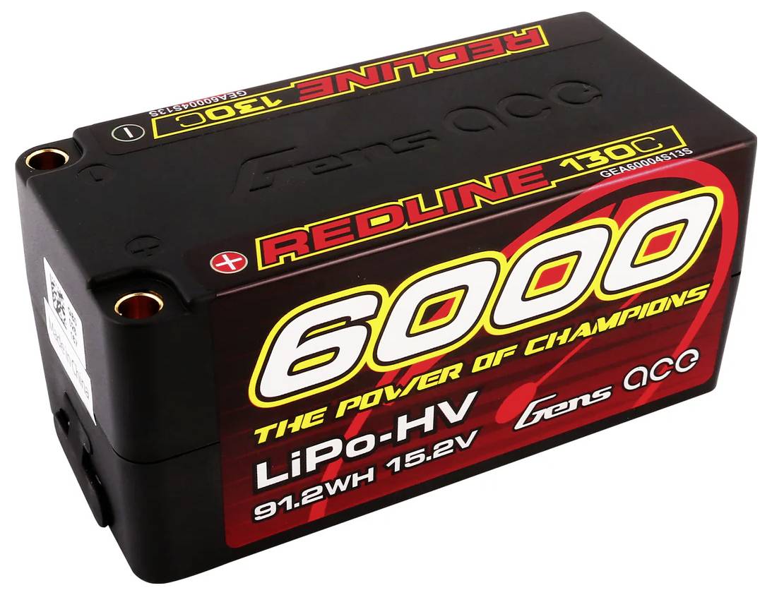 Schwarzer Lithium-Polymer-Akku mit rotem und gelbem Etikett, Aufschrift: 'REDLINE 130C', '6000', 'THE POWER OF CHAMPIONS', 'LiPo-HV 91.2WH 15.2V'.