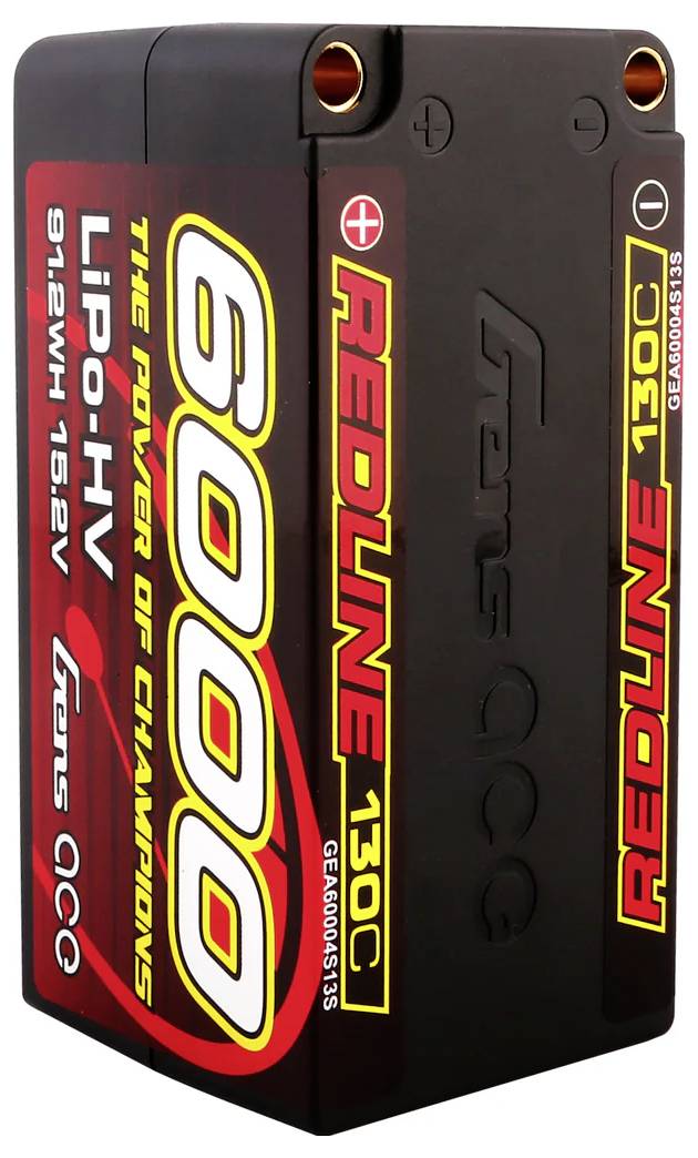 LiPo-Akku mit 6000 mAh und 130C Entladungsrate, geeignet für High-Performance-Anwendungen. Schwarzes Gehäuse mit roten und gelben Details.