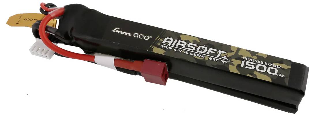 Die Abbildung zeigt einen LiPo-Akku, 1500mAh, speziell für Airsoft, in einem schwarzen Gehäuse mit roten und weißen Kabeln.
