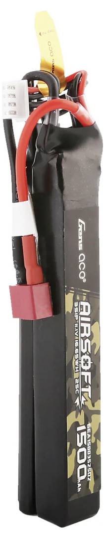 Ein schwarzer Airsoft-Akku mit Camouflage-Design und 1500mAh-Kapazität. Oben sind Anschlusskabel und Stecker sichtbar.