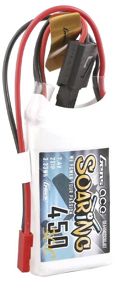 'Akkupack für Modellbau: LiPo, 7,4V, 450mAh. Rote und schwarze Kabel mit Steckverbindungen. Aufschrift: 