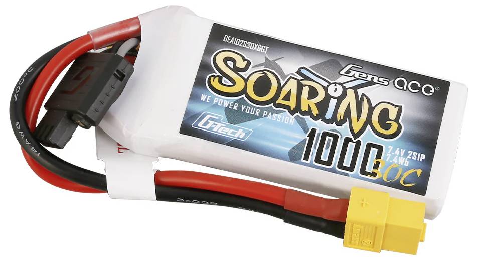 Ein weißer Lithium-Polymer-Akku mit der Aufschrift 'Soaring 1000 60C'. Hat rote und schwarze Kabel sowie einen gelben Anschluss.