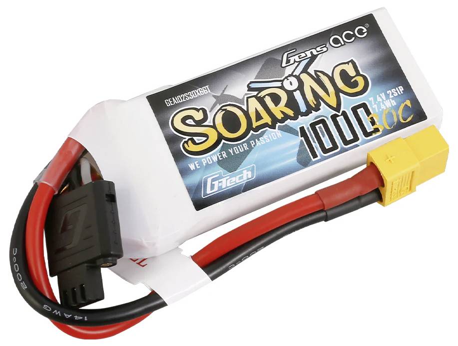 Akku-Pack Gens ACE Soaring 1000mAh 50C, 7,4V, mit roten und schwarzen Kabeln und Anschlüssen, geeignet für RC-Modelle.