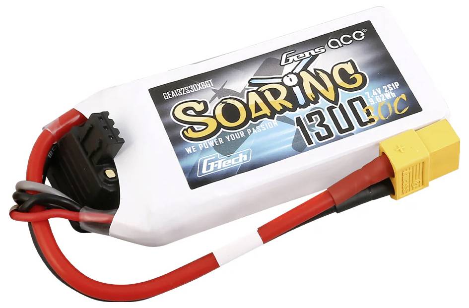 LiPo-Akku mit 1300 mAh Kapazität und 60C Entladerate, geeignet für RC-Modelle. Weißes Gehäuse mit gelbem Anschluss.