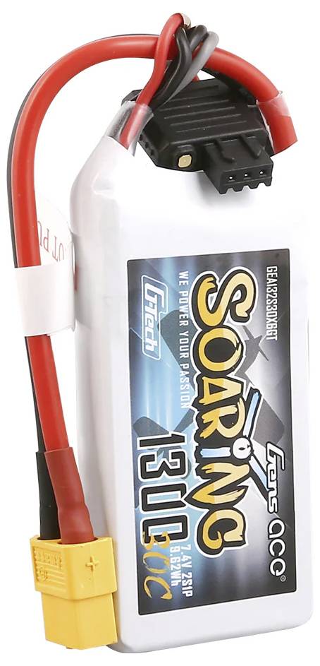 Ein weißer Lithium-Polymer-Akku mit Aufdruck 'Soaring 1300' und Anschlüssen für RC-Modelle.