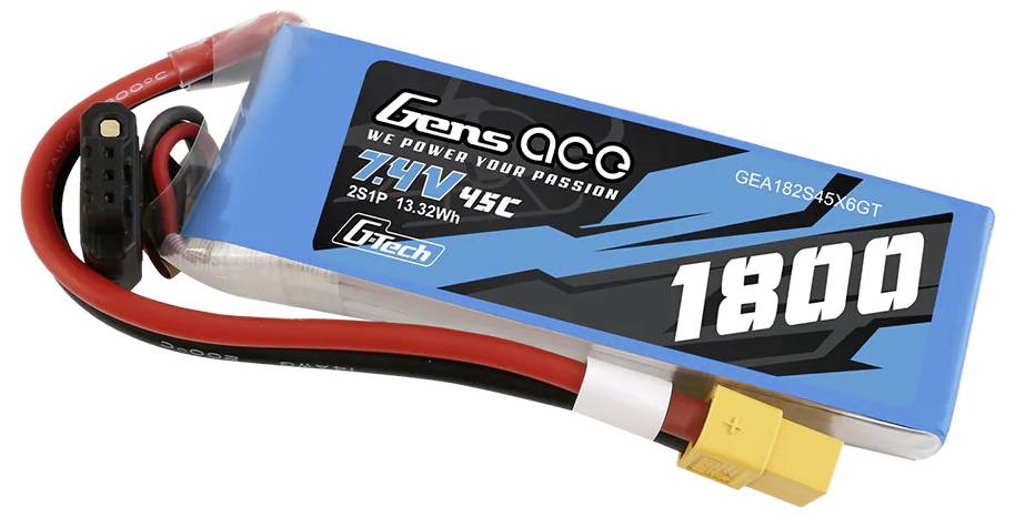 Lithium-Polymer-Akku mit blauer Verpackung, Kapazität 1800mAh, 7,4V, 45C, von Gens Ace, mit XT60-Stecker, geeignet für RC-Modelle.