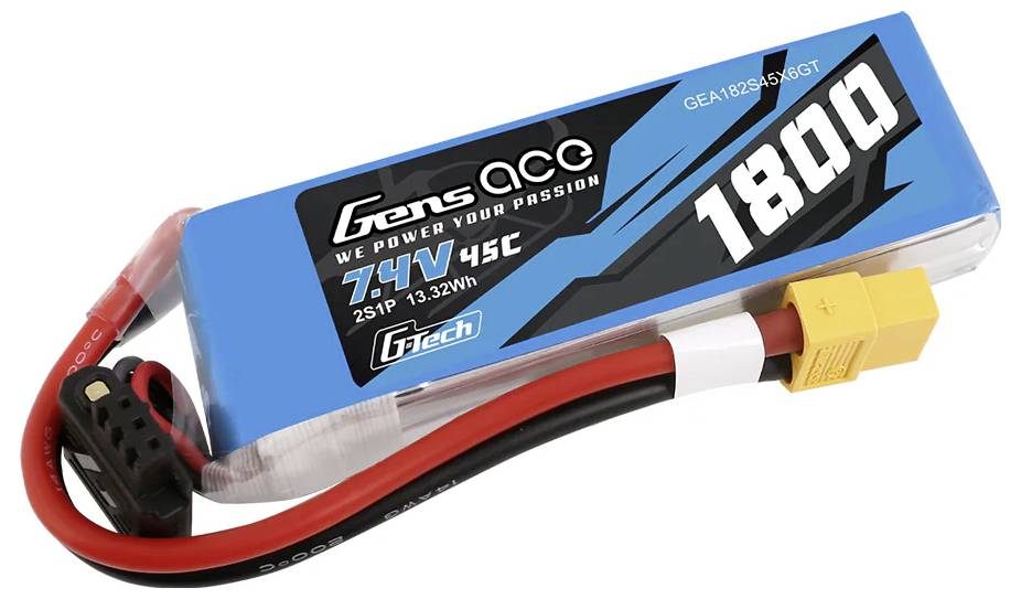 Lithium-Polymer-Akku mit blauer Verpackung, Aufschrift 'Gens Ace', Kapazität 1800mAh, Spannung 7.4V, 45C, gelber Steckverbinder.