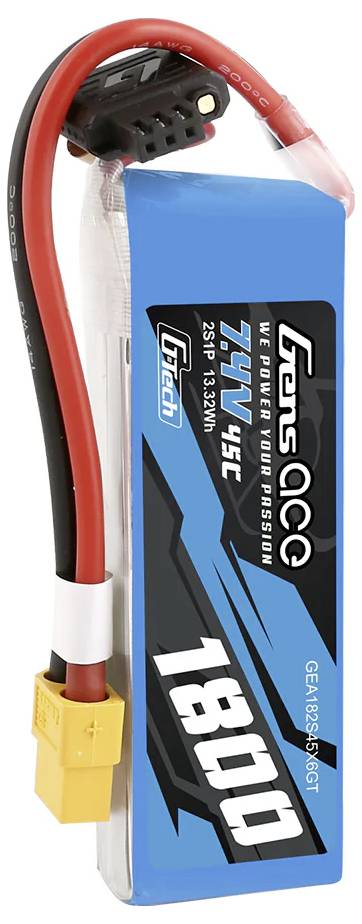 Ein blauer 1800mAh-Akku von Gens Ace mit roten und schwarzen Kabeln sowie einem gelben Stecker. Geeignet für 7.4V, 45C Anwendungen.