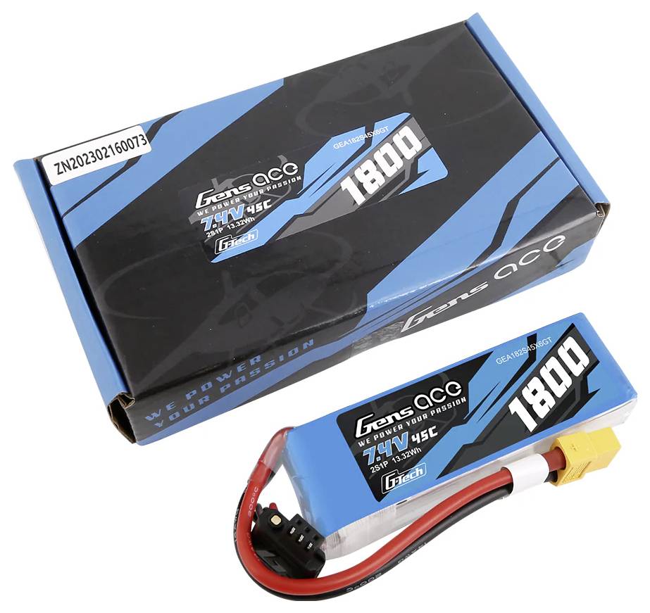 Blauer Gens Ace Akku, Modellnummer 1100, 7,4 Volt, 45C, mit gelbem XT60-Stecker und schwarzem Kabel mit rotem Detail.