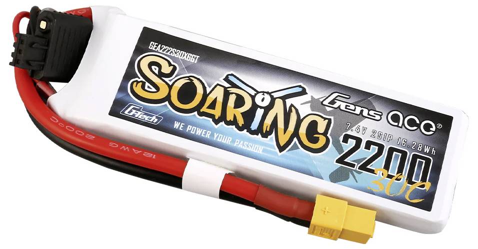 Gens Ace Soaring 2200mAh 30C 7.4V LiPo Akku mit Steckverbindungen.