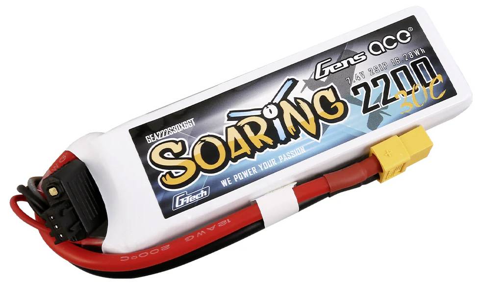 Ein 2200mAh Gens Ace LiPo-Akku mit XT60-Anschluss, etikettiert mit 'SOARING'. Geeignet für RC-Modelle, betont Leistung und Ausdauer.