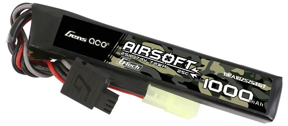 Lange, rechteckige Airsoft-Batterie mit schwarzem und Camouflage-Design. Aufschrift: 'AIRSOFT 1000 mAh, 7.4V, 25C, 7.4Wh'.