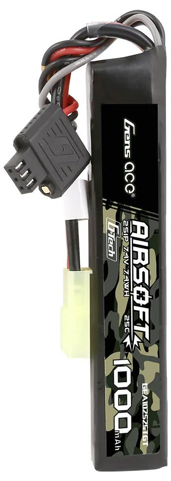 Ein schwarzer Akku mit Aufschrift 'Airsoft Lipo Battery 1000mAh'. Hat Stecker und Kabel. Design im Militär-Tarnmuster.