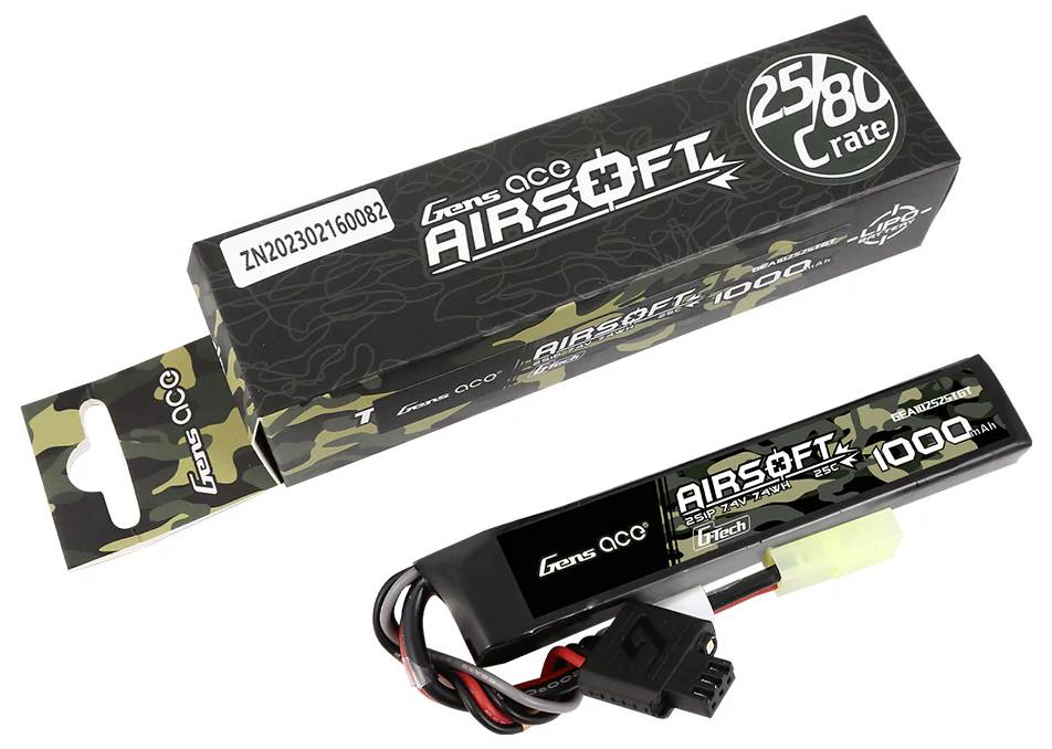 Akkupack für Airsoft-Waffen, Gens Ace 11.1V 1000mAh, mit Kabelanschlüssen neben einer dazugehörigen Verpackung.