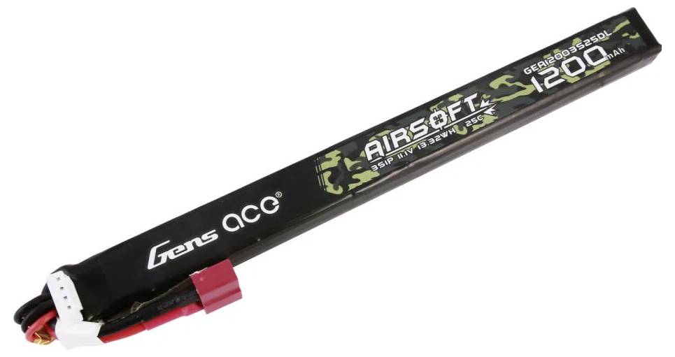 Akkupack Gens ace Airsoft 11.1V 1200mAh, rechteckige Form, mit Steckverbindung für elektronische Geräte, schwarzer Hintergrund, Produktfoto.