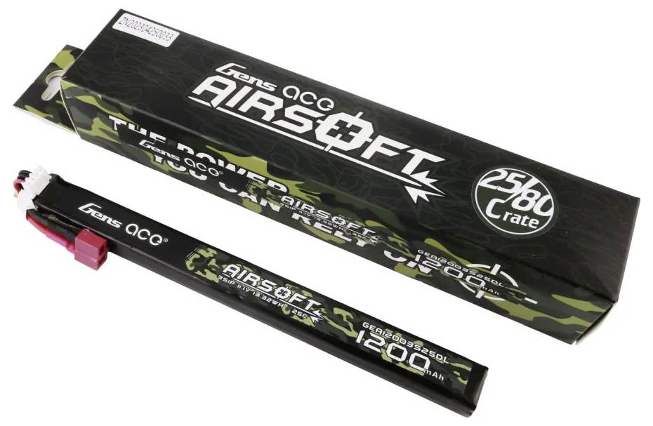 Batterieverpackung für Airsoft von 'gens ace', 1200 mAh, 25C. Lang und rechteckig, schwarz mit Camouflage-Details und weißen Texten.