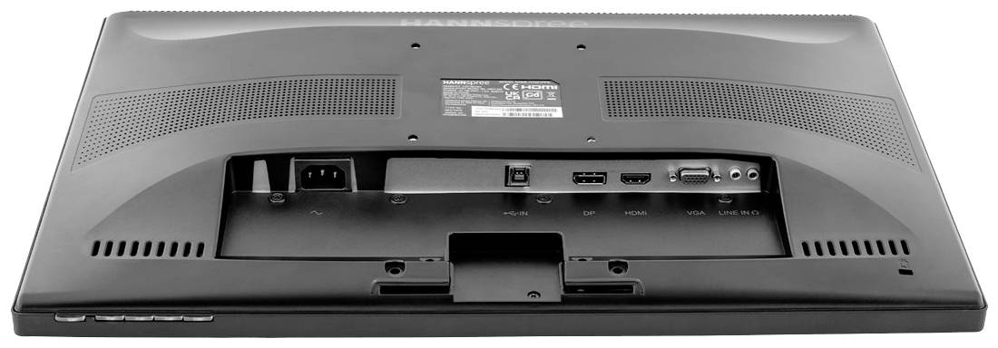 Rückansicht eines Monitors mit sichtbaren Anschlüssen, einschließlich Strom, HDMI, VGA und USB.