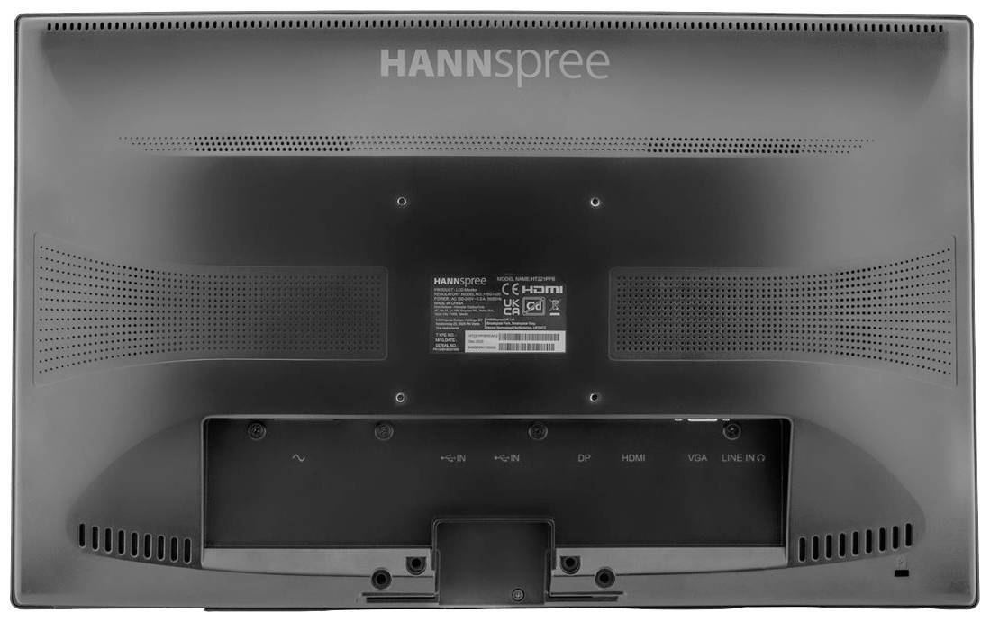 Ein Monitor von hinten, Marke 'Hannspree', zeigt die Anschlüsse: DisplayPort, HDMI, VGA und Line-In.