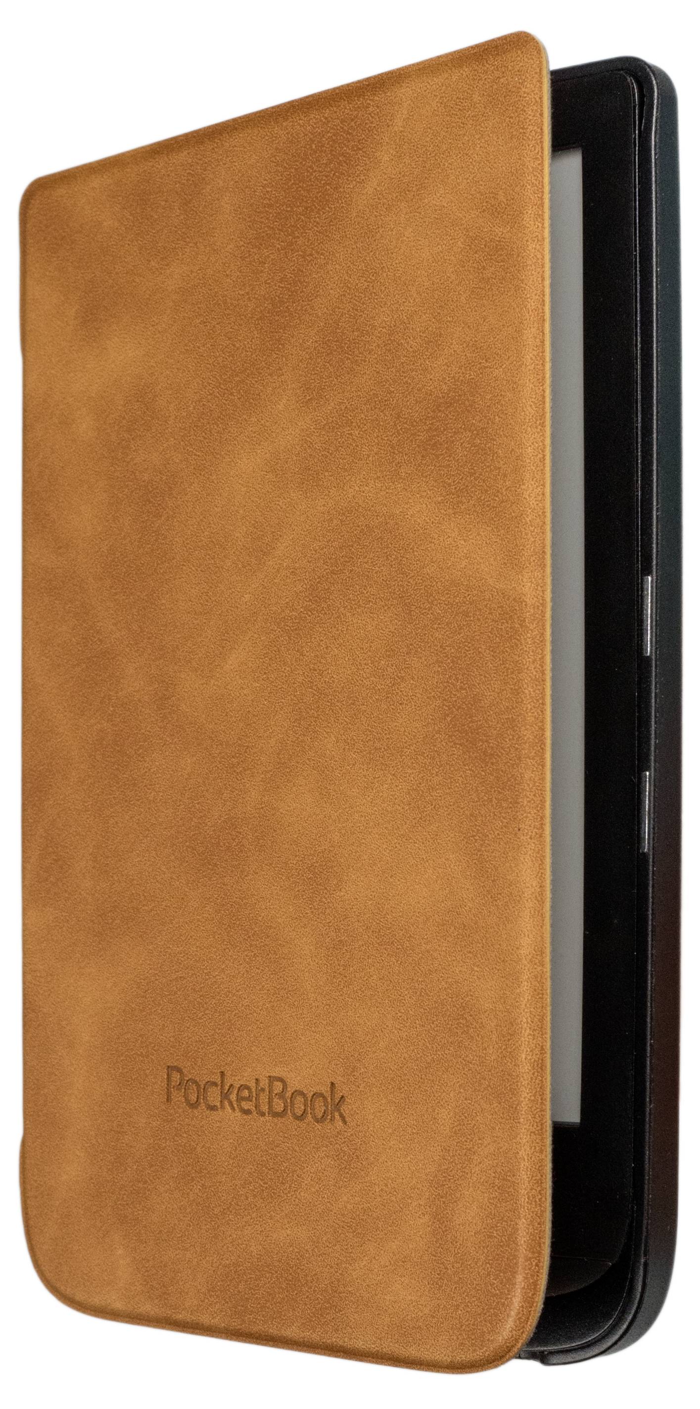 Braune Lederhülle für einen E-Reader mit der Aufschrift 'PocketBook'.
