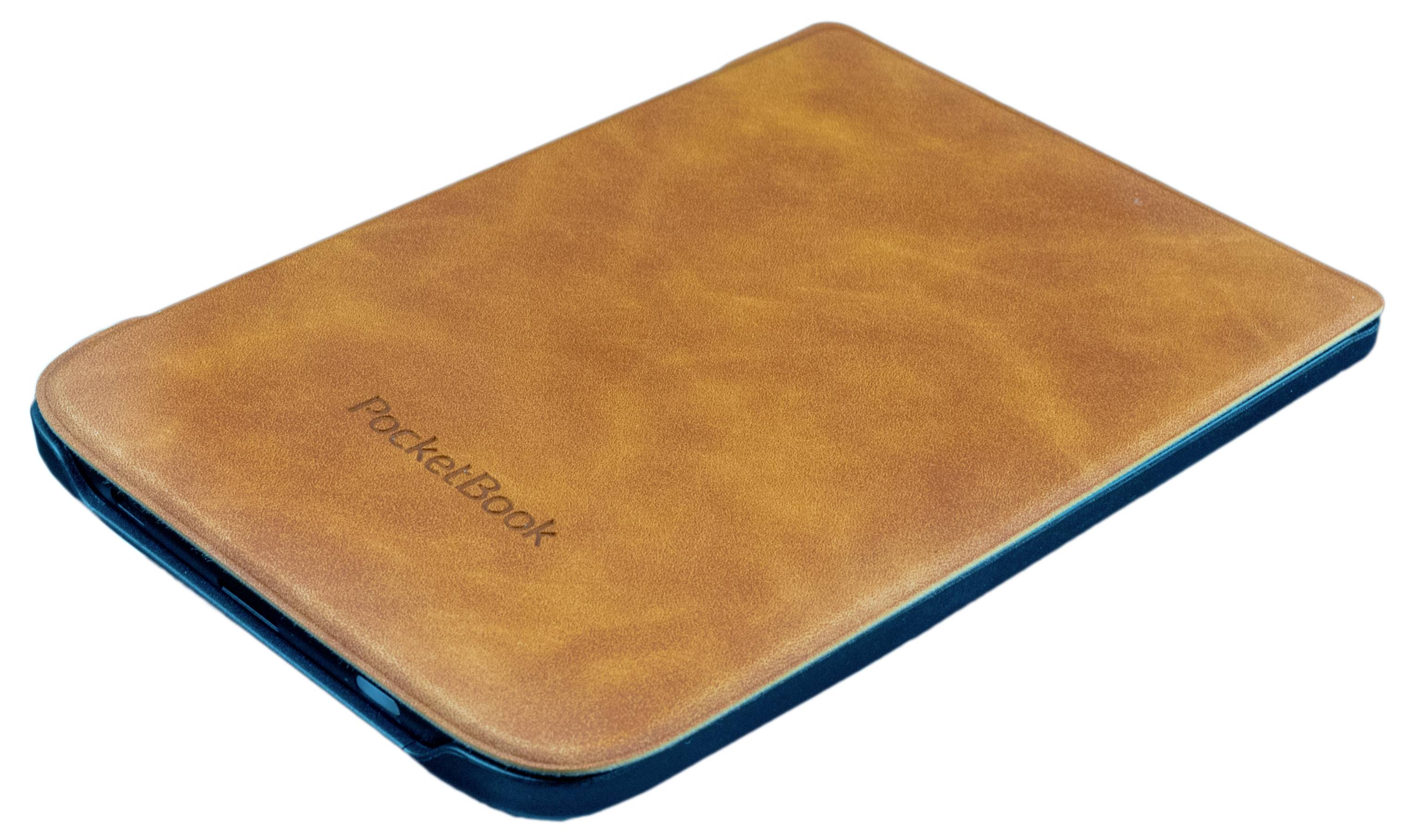 Ein braunes Ledercase mit dem Aufdruck 'PocketBook', das wie ein Etui für einen E-Reader oder ein Tablet aussieht.
