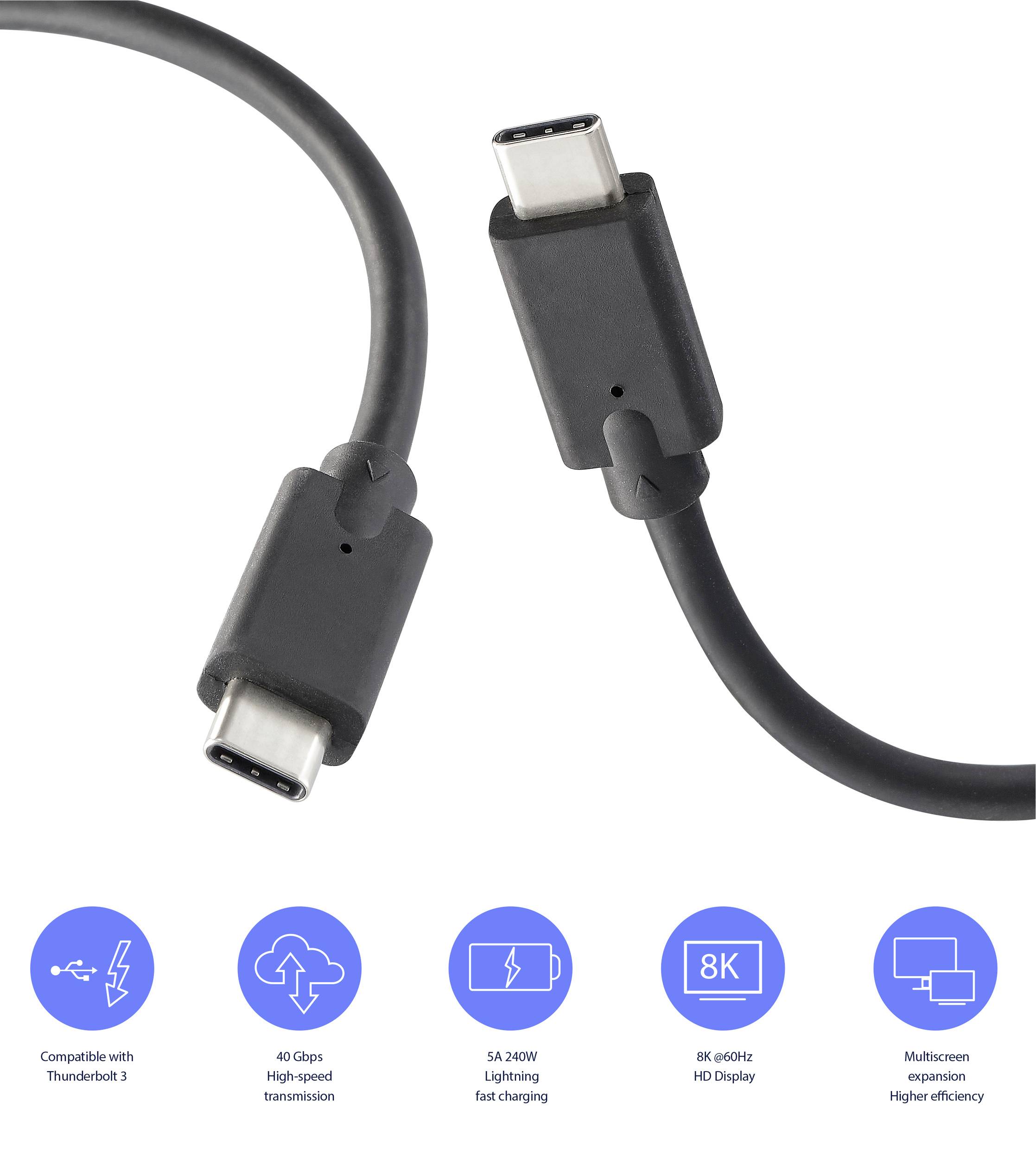 Ein schwarzes USB-C-Kabel. Es unterstützt Thunderbolt 3, 40 Gbps Übertragung, 5A 240W Schnellladung, 8K 60Hz HD Display und Multiscreen-Erweiterung.