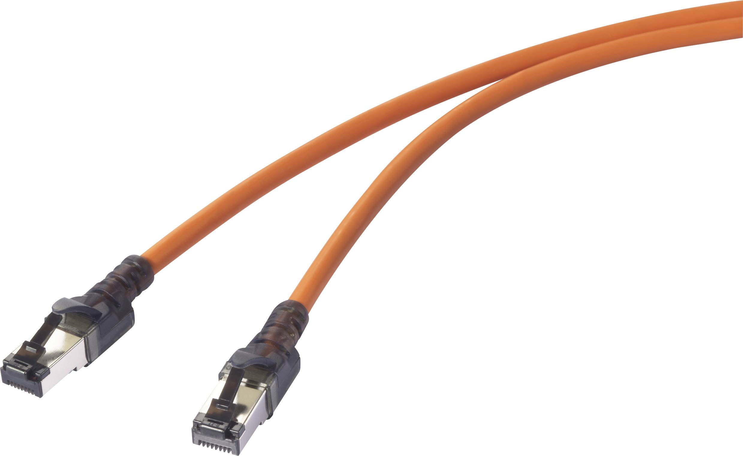 Zwei orangefarbene Netzwerkkabel mit RJ45-Steckern, oft in der Computer- oder Netzwerktechnik zur Datenübertragung verwendet.