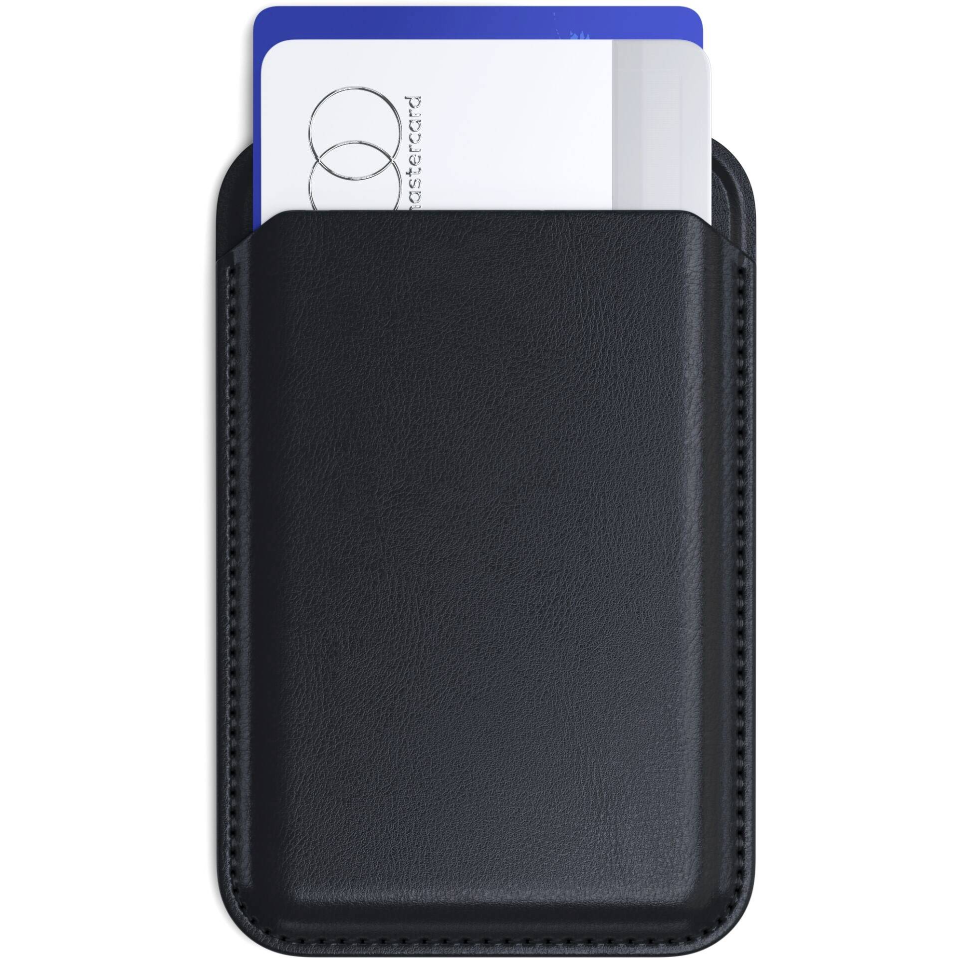 Schwarzes Lederkartenetui mit zwei herausragenden Kreditkarten, eine weiß mit 'Mastercard' Aufschrift und eine blaue.