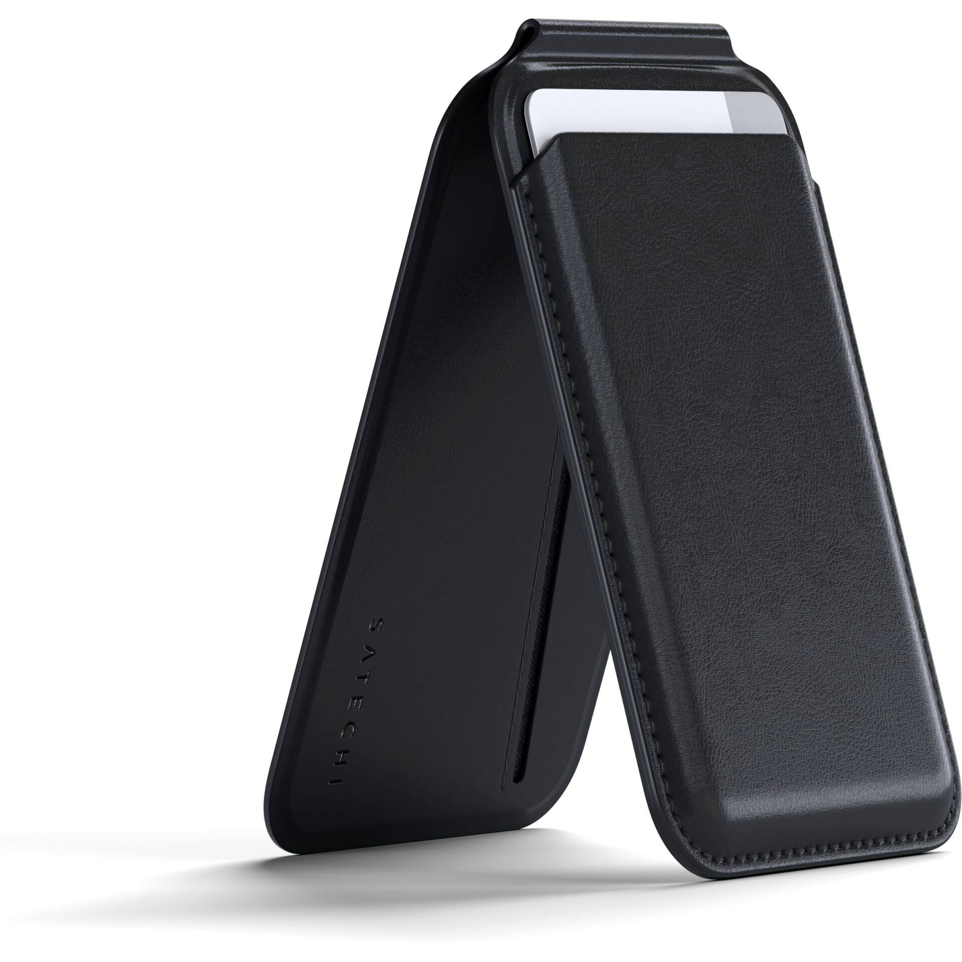 Schwarzes Leder-Case für ein Smartphone, aufrecht stehend. Es zeigt eine elegante und schlichte Gestaltung ohne sichtbare Verzierungen.
