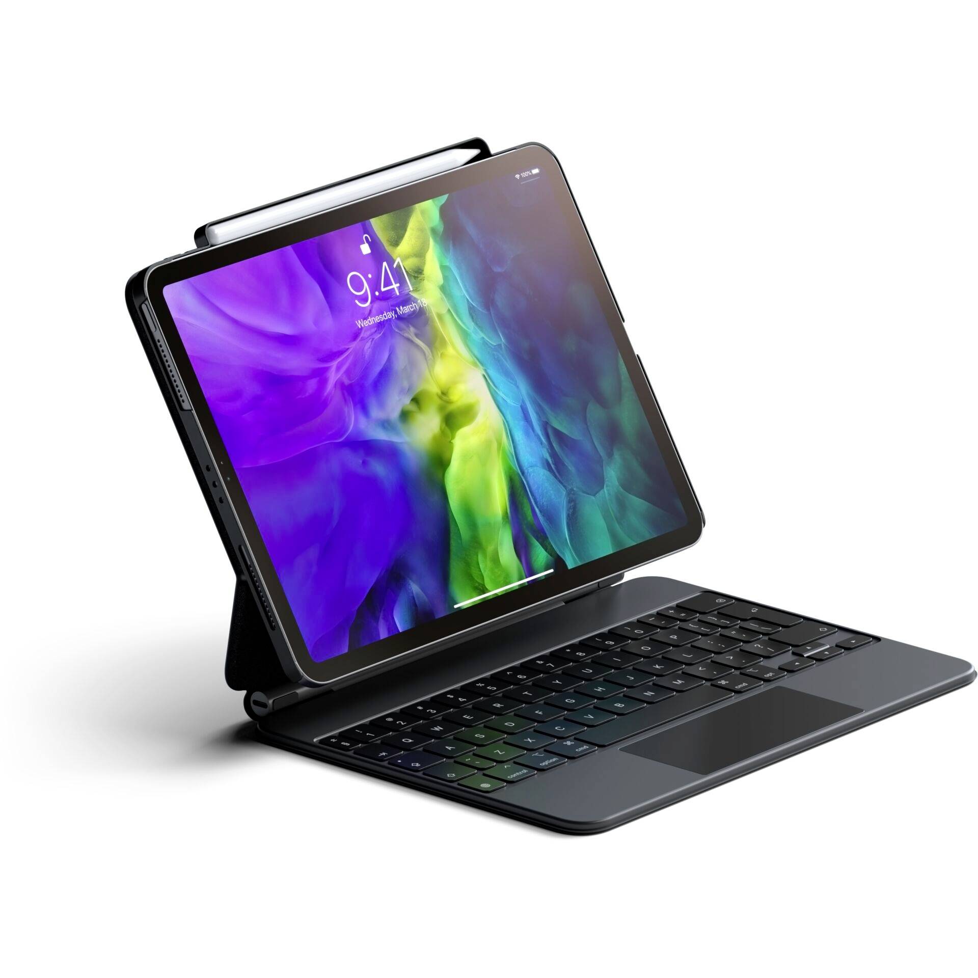 Ein Tablet mit bunter Bildschirmanzeige ist auf einer schwarzen Tastatur befestigt. Die Uhrzeit auf dem Bildschirm zeigt 9:41 Uhr.