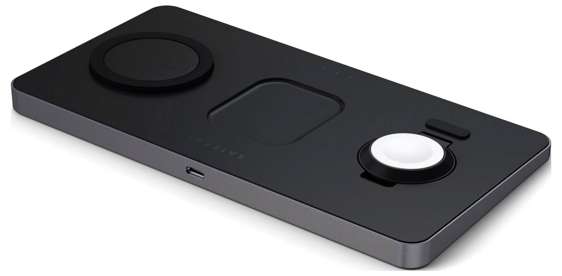 Schwarze, rechteckige Ladestation mit zwei runden Ladeflächen und einem USB-Anschluss an der Seite.