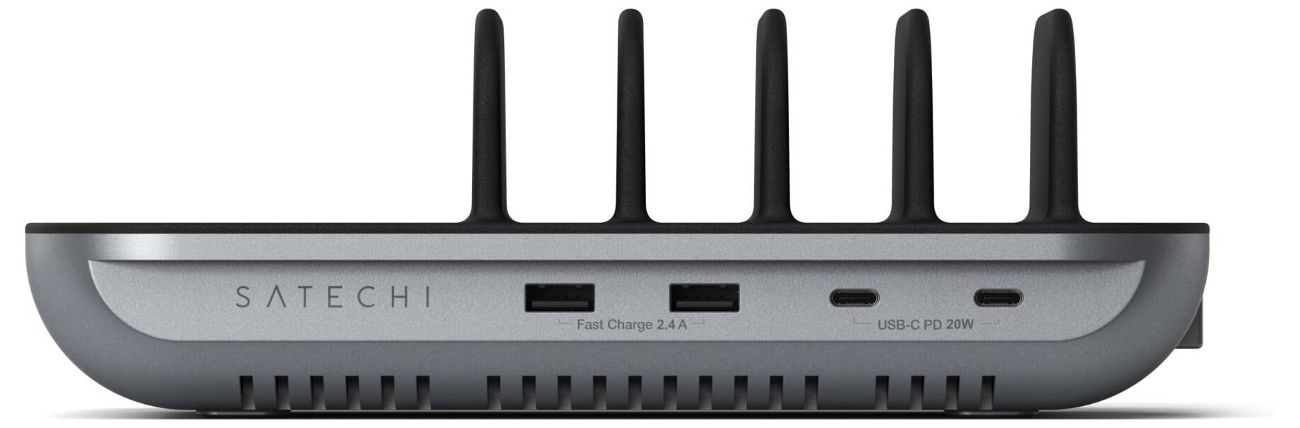 Ein graues Ladegerät von Satechi mit mehreren USB-Anschlüssen und fünf vertikalen Halterungen zur Geräteorganisation.